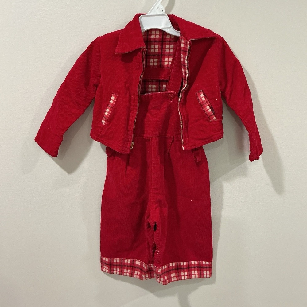 Vintage 1960s Red Corduroy Baby Overalls with Reversible Plaid Jacket Size 9M